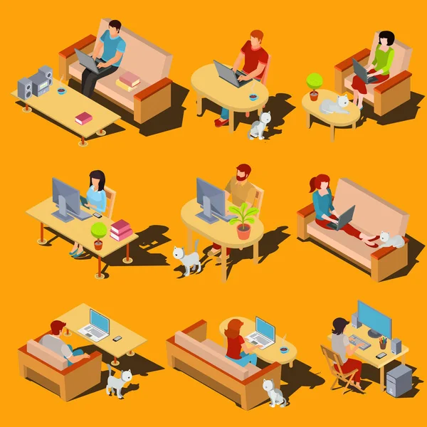 Set of vector isometric icons of men and women working on a computer and laptop at home. — Stock Vector