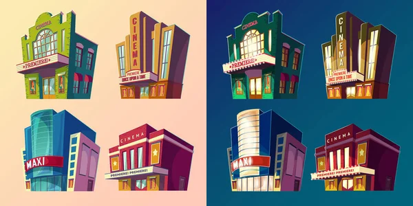 Conjunto de ilustração isométrica vetorial de edifícios de cinema em estilo cartoon —  Vetores de Stock
