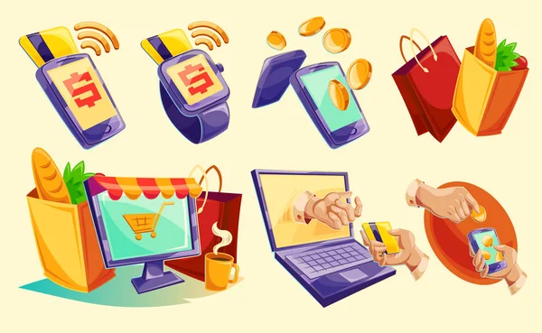 Ícones isométricos de telefones celulares, laptop, relógios de pulso mostrando a facilidade e conveniência de pagamentos on-line — Vetor de Stock