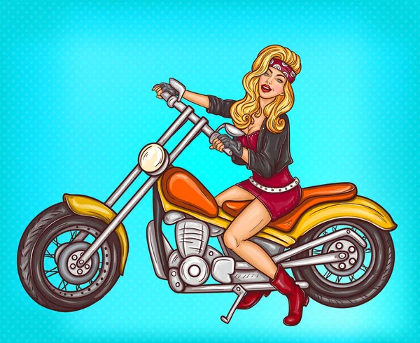 Вектор поп-арт сексуальная байкерша, сидящая на мотоцикле — стоковый вектор