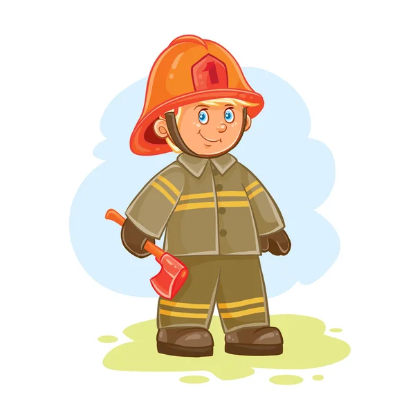 Vektorové ikony malé dítě hasič a jeho stroj na provázku — Stockový vektor