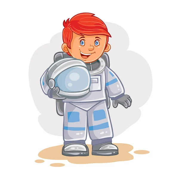 Векторна ікона маленького дитячого астронавта в космічному костюмі і шоломі в руці . — стоковий вектор
