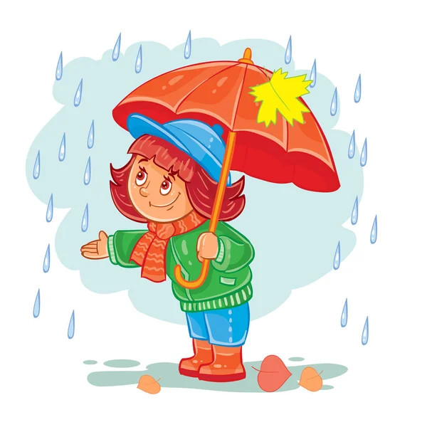 Ícone de vetor de menina pequena com um guarda-chuva de pé na chuva —  Vetores de Stock