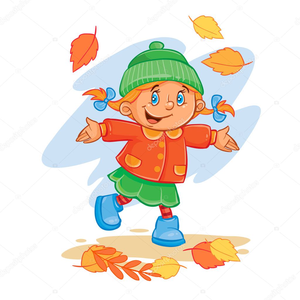 Vector icon of small child in autumn clothes throws up the fallen leaves. Design element, print for T-shirts
