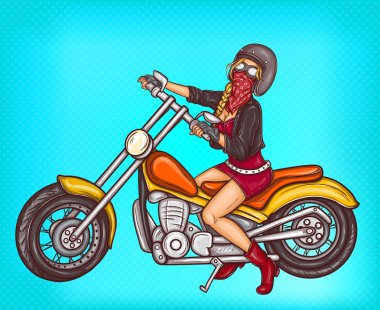 Bir motosiklet üzerinde oturan vektör pop art seksi Motorcu kız