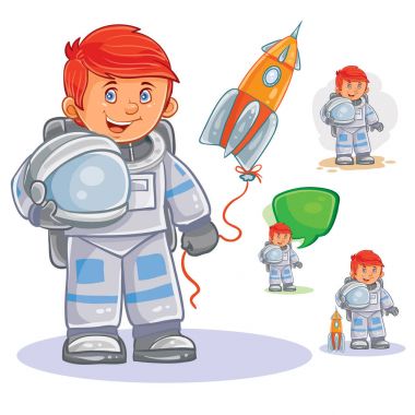 Küçük çocuk astronot uzay giysisi içinde simge vektör ve el kask.