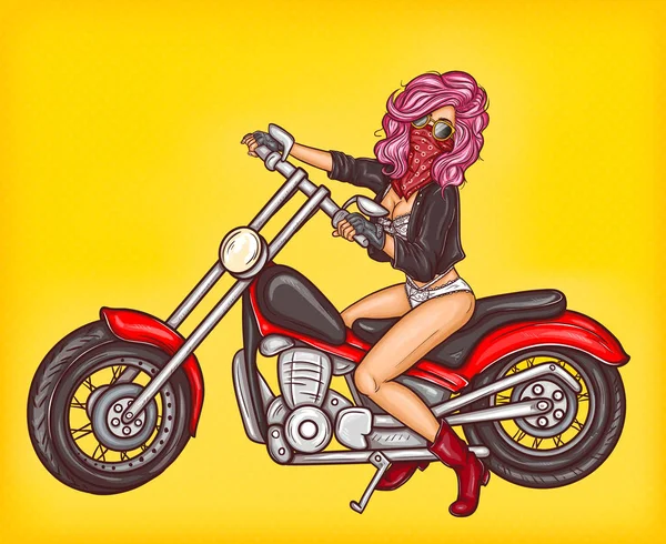 Διάνυσμα pop art κορίτσι σέξι ποδηλάτης καθισμένος σε μια μοτοσικλέτα — Διανυσματικό Αρχείο