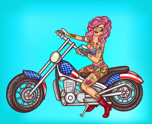 Bir motosiklet üzerinde oturan vektör pop art seksi Motorcu kız