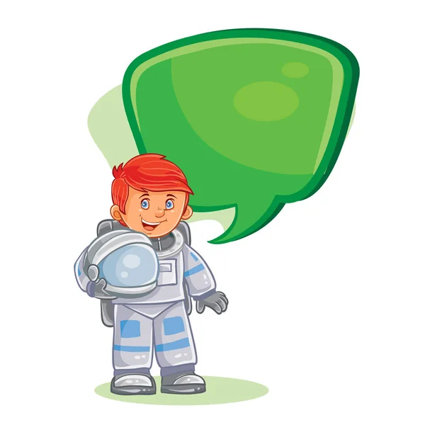 Icono vectorial del astronauta niño pequeño en un traje espacial y casco en la mano . — Vector de stock