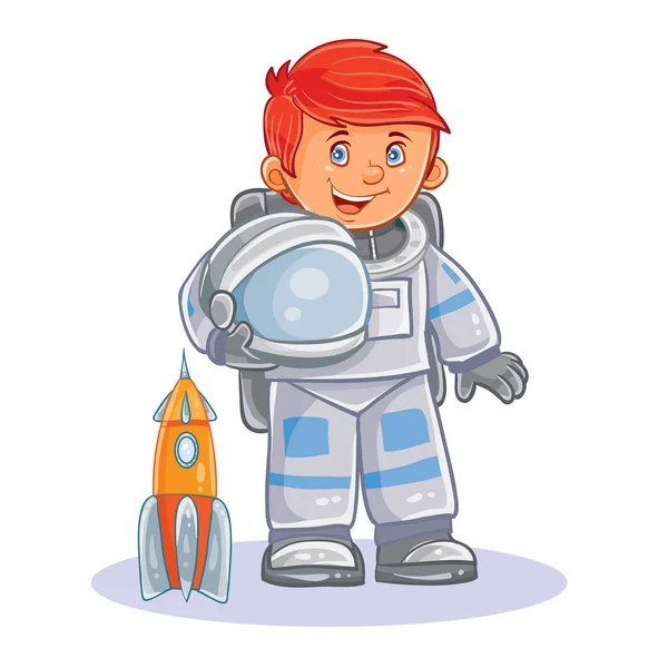 Векторна ікона маленького дитячого астронавта в космічному костюмі і шоломі в руці . — стоковий вектор