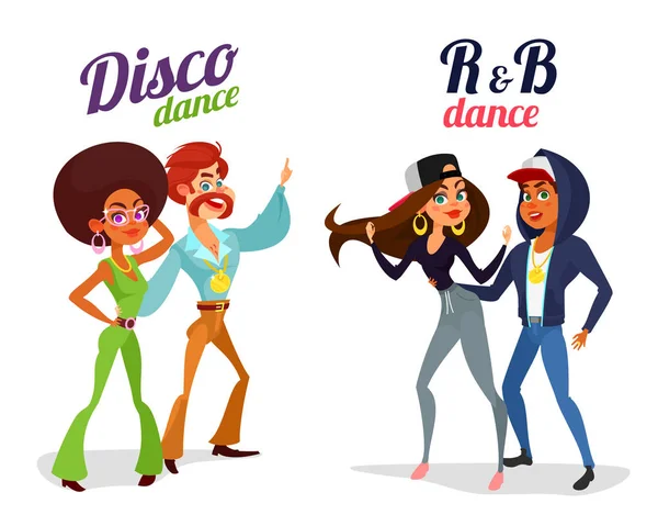 Δύο διάνυσμα καρτούν ζευγάρια χορού χορό στην ντίσκο στυλ και ρυθμός και μπλε — Διανυσματικό Αρχείο