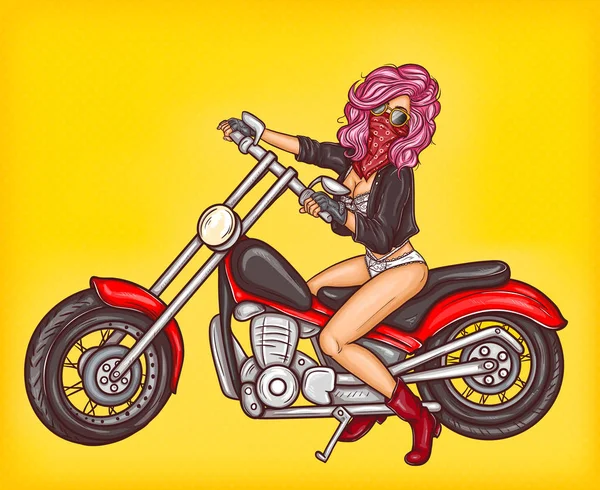 Vector pop art sexy biker girl sitting on a motorcycle Vector Graphics