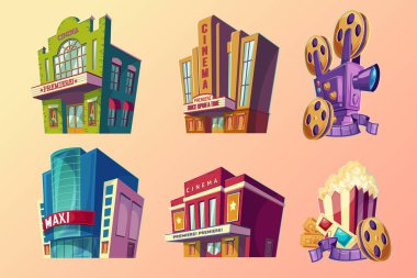 Set of vector isometric illustration of buildings cinema in cartoon style clipart