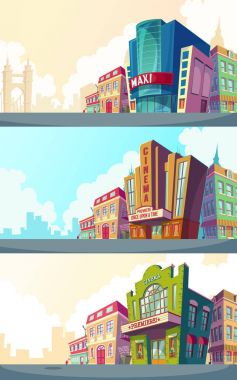 Vektör karikatür çizim binalar eski ve modern sinema ile bir kentsel peyzaj ayarla.