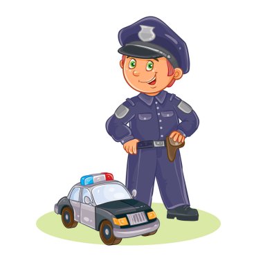 Küçük çocuk polis ve arabasını vektör simgesi.