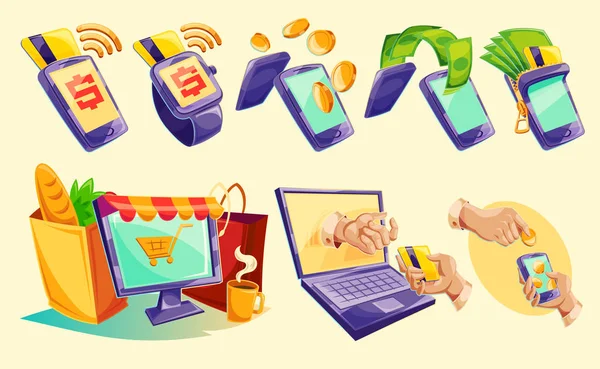 Ícones isométricos de telefones celulares, laptop, relógios de pulso mostrando a facilidade e conveniência de pagamentos on-line — Vetor de Stock