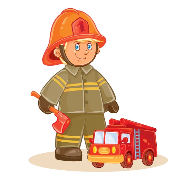 Icona vettoriale del piccolo pompiere bambino e della sua macchina — Vettoriale Stock