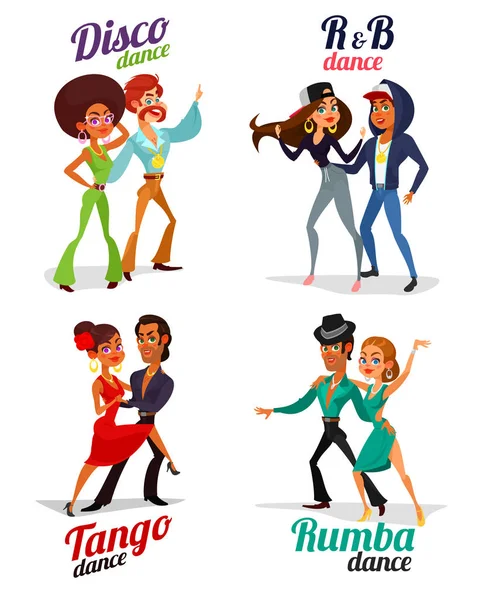 Vector cartoon of a couples dancing tango, rumba, disco and hip hop — Stock Vector