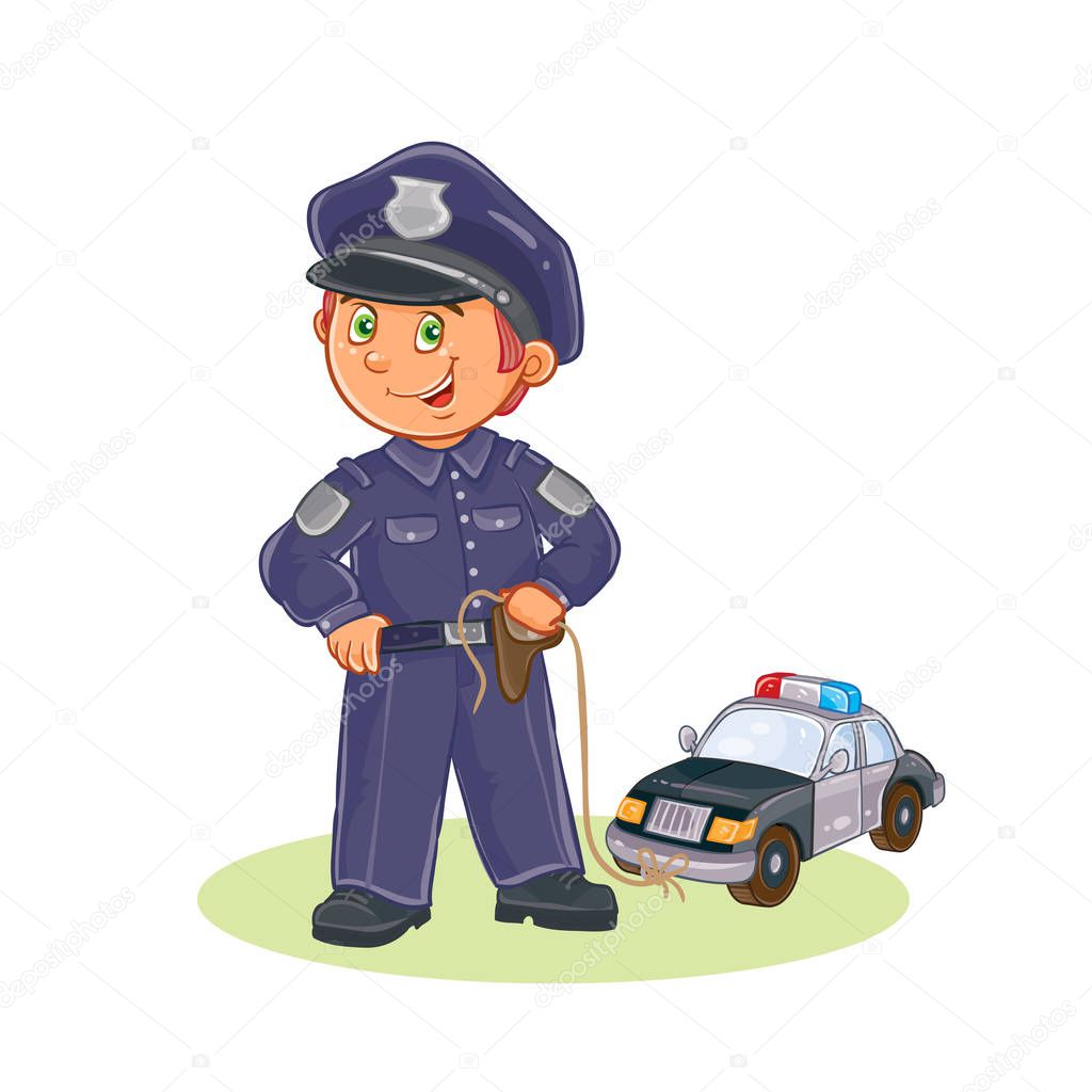 Vector icon of small child policeman and his machine on a string.