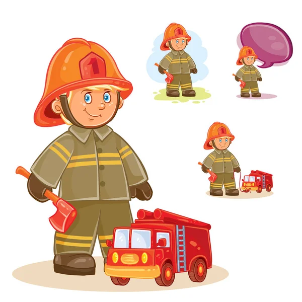 Icône vectorielle du petit enfant pompier et de sa machine sur une corde — Image vectorielle