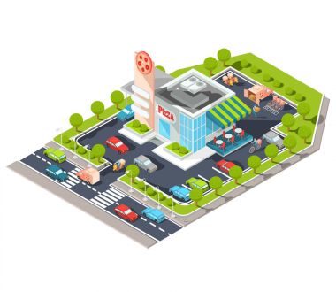 Bir modern İtalyan fast food Restoran Park ile vektör izometrik çizim.