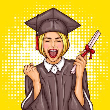 Pop art kız Lisansüstü Öğrenci mezuniyet kep ve manto onun elinde bir üniversite diploması ile heyecanlı