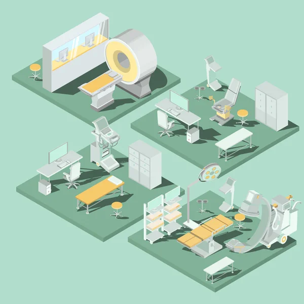 Σύνολο των 3d ισομετρική επίπεδη εικονογραφήσεων του ιατρικές εγκαταστάσεις στην κλινική με τον κατάλληλο εξοπλισμό — Διανυσματικό Αρχείο