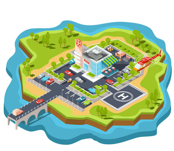 Векторная изометрическая иллюстрация современного итальянского ресторана быстрого питания с парковкой и вертолетной площадкой
.