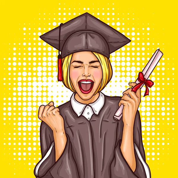 Pop art excité fille diplômée étudiant dans une casquette de graduation et manteau avec un diplôme universitaire à la main — Image vectorielle