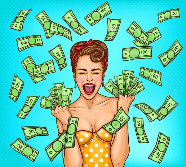 Vector pop art illustration of an enthusiastic young sexy girl standing in the rain out of cash bills — Stock Vector