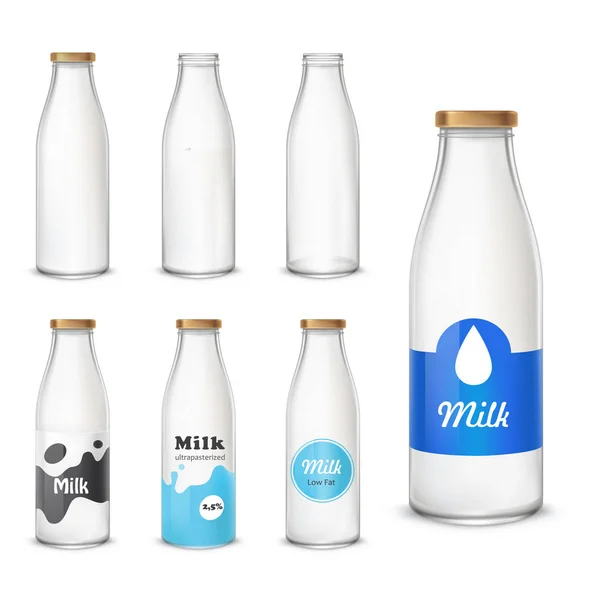Sada skleněných lahví s mlékem v realistický styl ikon — Stockový vektor