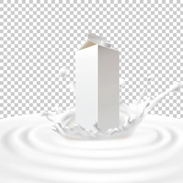Illustration vectorielle de l'emballage du paquet avec du lait debout au centre d'une éclaboussure laitière . — Image vectorielle