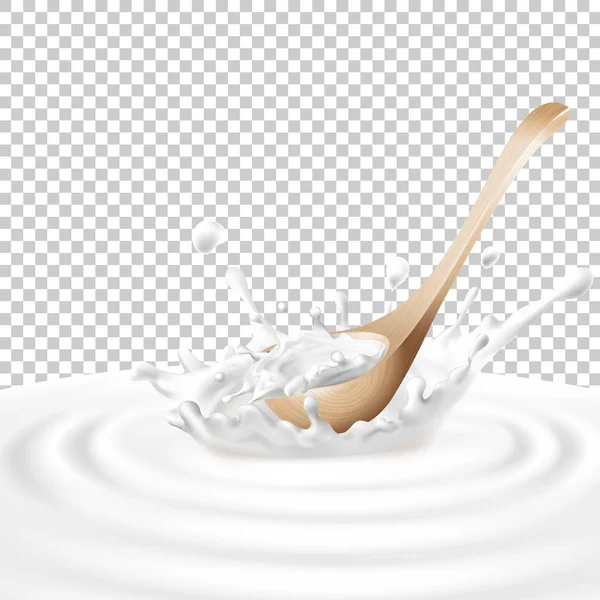 Vector illustration of a wooden spoon in the center of a dairy splash. — Stock Vector