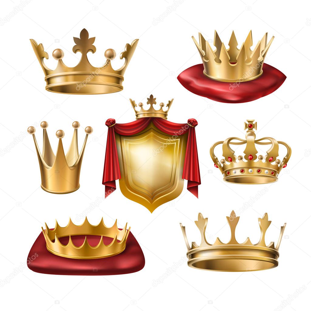 Set of vector icons of royal golden crowns of various kinds and coat of arms isolated on white.