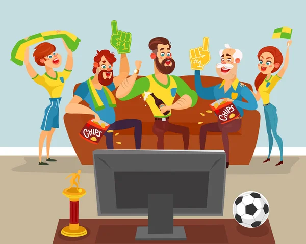 Οικογένεια καρτούν που παρακολουθείτε έναν ποδοσφαιρικό αγώνα στην τηλεόραση — Διανυσματικό Αρχείο