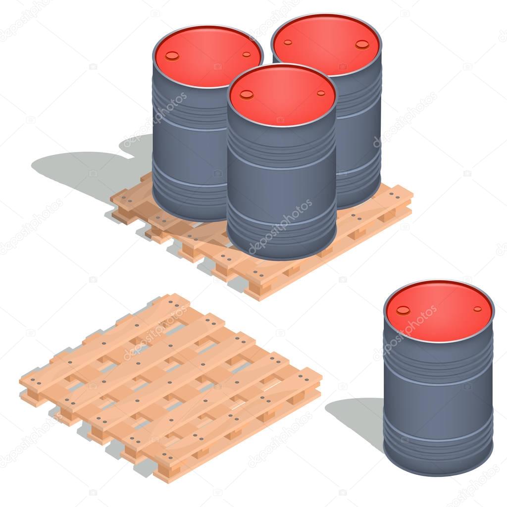 Vector isometric icons of barrels of oil on a wooden pallet