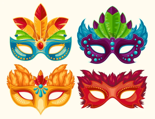 Sbírka kreslených karnevalové masky zdobené peřím a kamínky — Stockový vektor