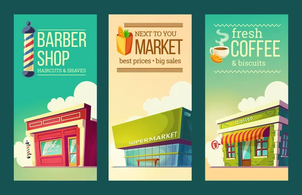 Verticale banners in retro stijl met supermarkt, kapper, koffiehuis instellen — Stockvector