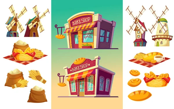 Conjunto de ícones para uma padaria duas padarias, pão acabado de assar, espigas de trigo, sacos de farinha, moinhos de vento —  Vetores de Stock
