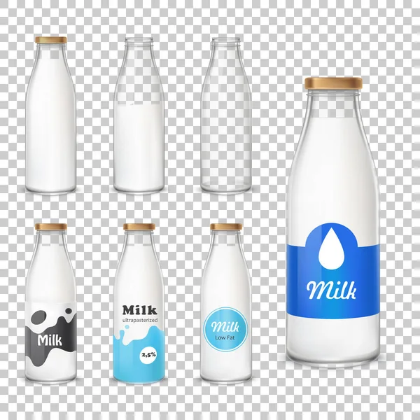 Conjunto de iconos botellas de vidrio con leche En un estilo realista — Archivo Imágenes Vectoriales