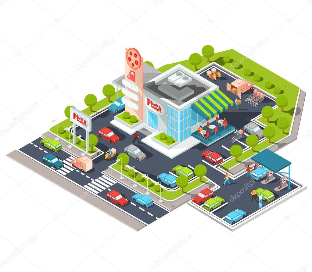 Vector isometric illustration of a modern Italian fast food restaurant with parking and gas station.