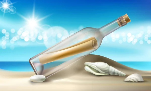 Vektorové ilustrace skleněné láhve zprávou, která leží na písečné pláži s mušle a kamínky. — Stockový vektor