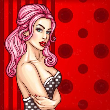 Vektör pop sanat PIN kadar baştan çıkarıcı bir elbise seksi bir kız resmi bir yere davet ediyor
