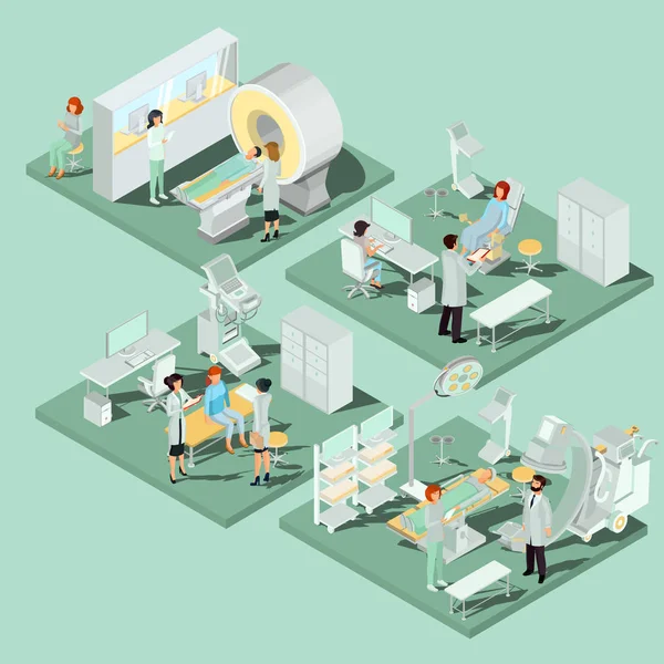 Aantal 3d plat isometrische illustraties van medische ruimten in de kliniek met de juiste apparatuur — Stockvector