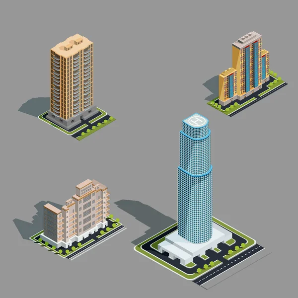 Vector isometric 3D illustrations of modern urban buildings — Stock Vector