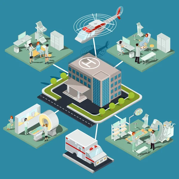 Aantal 3d plat isometrische illustraties van medische kliniek gebouw en medische lokalen met de juiste apparatuur — Stockvector