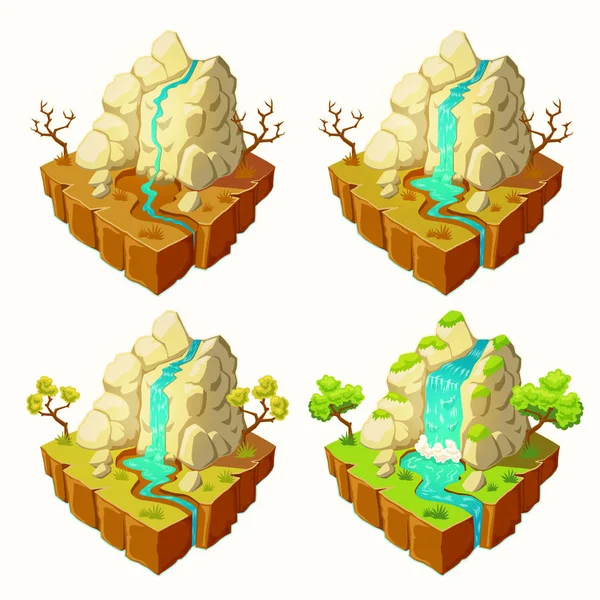 Islas vectoriales con montañas y una cascada, elementos de diseño para juegos — Vector de stock