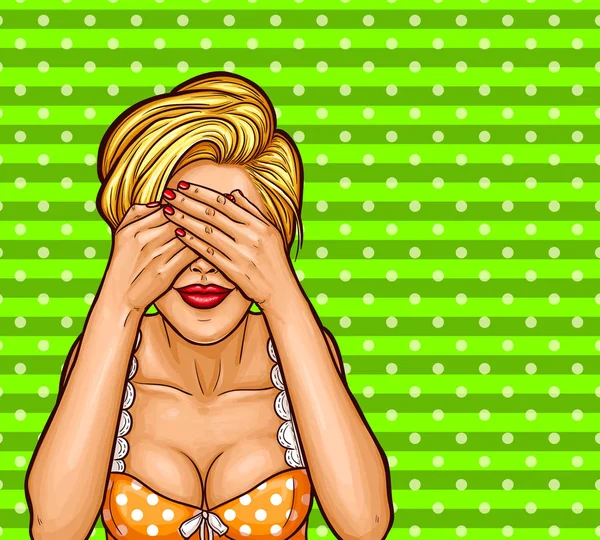 Vectorillustratie van een pop-art blonde vrouw die betrekking hebben op haar ogen met haar handen — Stockvector