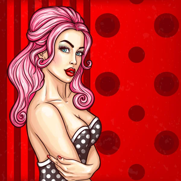 Διάνυσμα pop art pin up εικόνα ενός σέξι κορίτσι σε ένα σαγηνευτικό φόρεμα κάπου προσκαλεί — Διανυσματικό Αρχείο