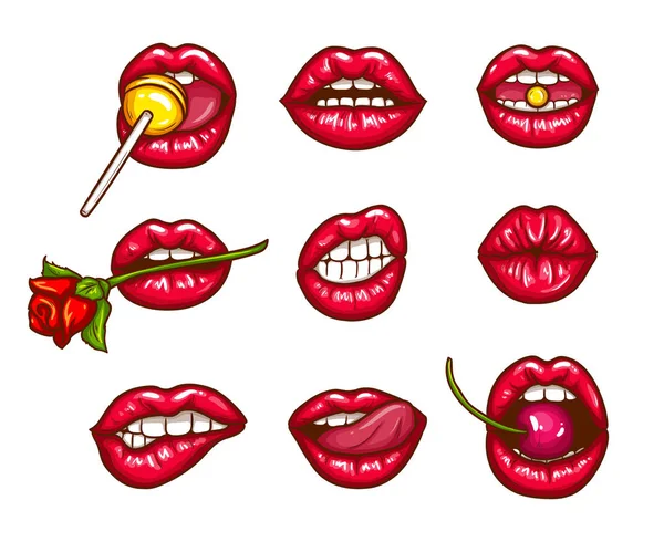 Een collectie van popart iconen van rode vrouwelijke lips - kier, gebeten, zoenen, met tong, kers en suiker snoep. — Stockvector